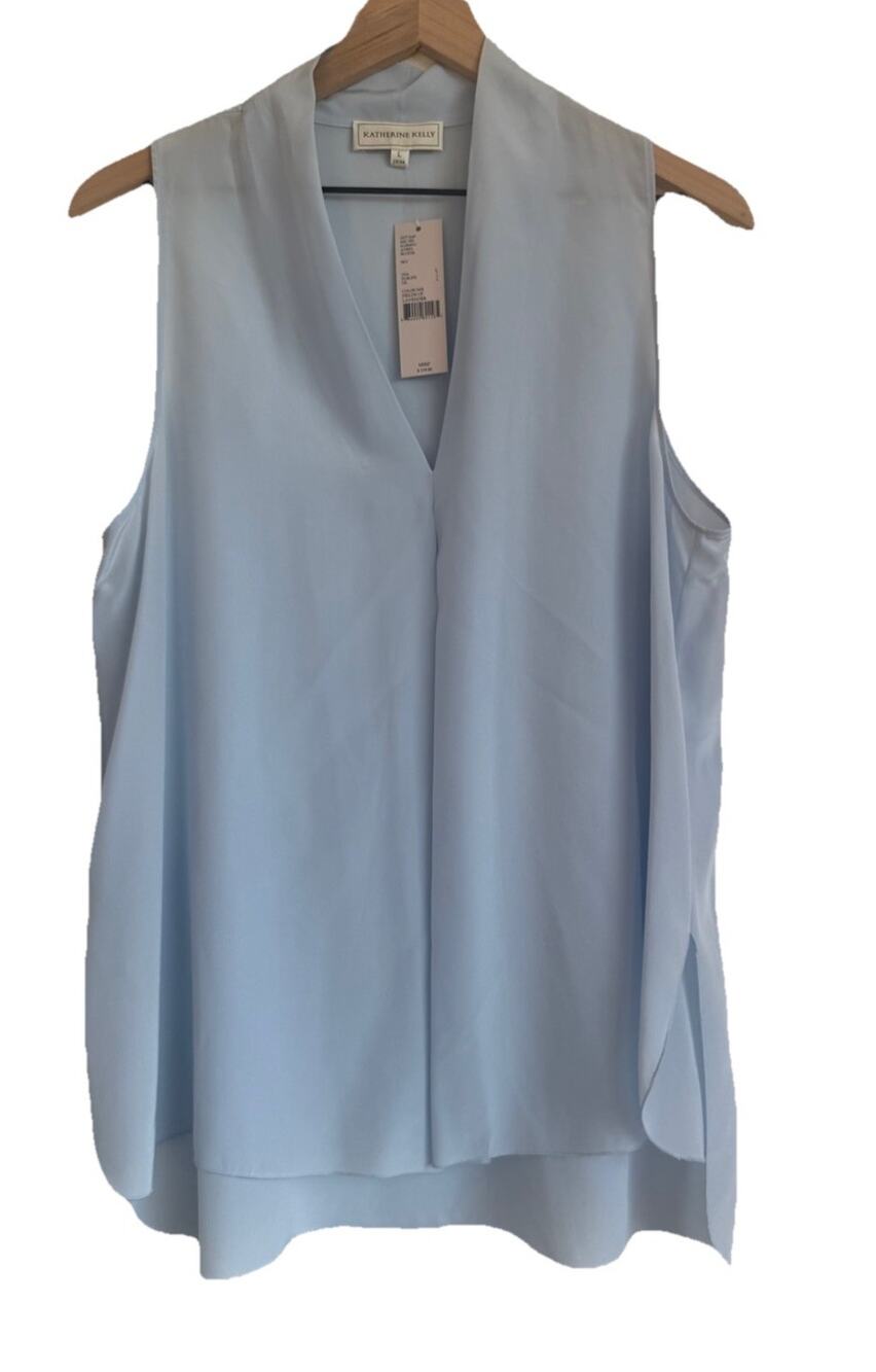 NWT Katherine Kelly 100% Silk Inverted Pleat Sleeveless Top Light Blue Size L